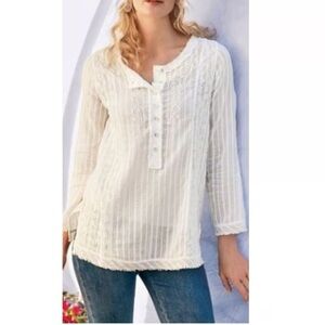 Soft Surroundings Embroidered Textured Blouse Women’s S White Popover